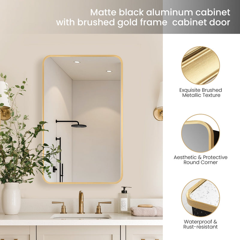 Vinnova 804220-MCB-BG Talayuela 20"W x 32"H Rectangular Aluminum Framed Medicine Cabinet in Brushed Gold