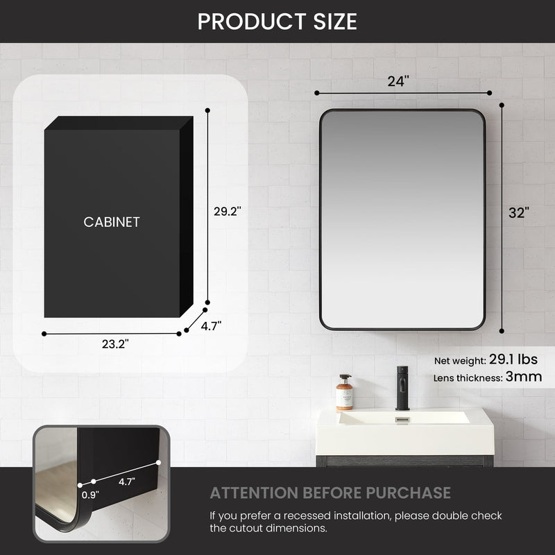 Vinnova 804224-MCB-BB Talayuela 24"W x 32"H Rectangular Aluminum Framed Medicine Cabinet in Brushed Black