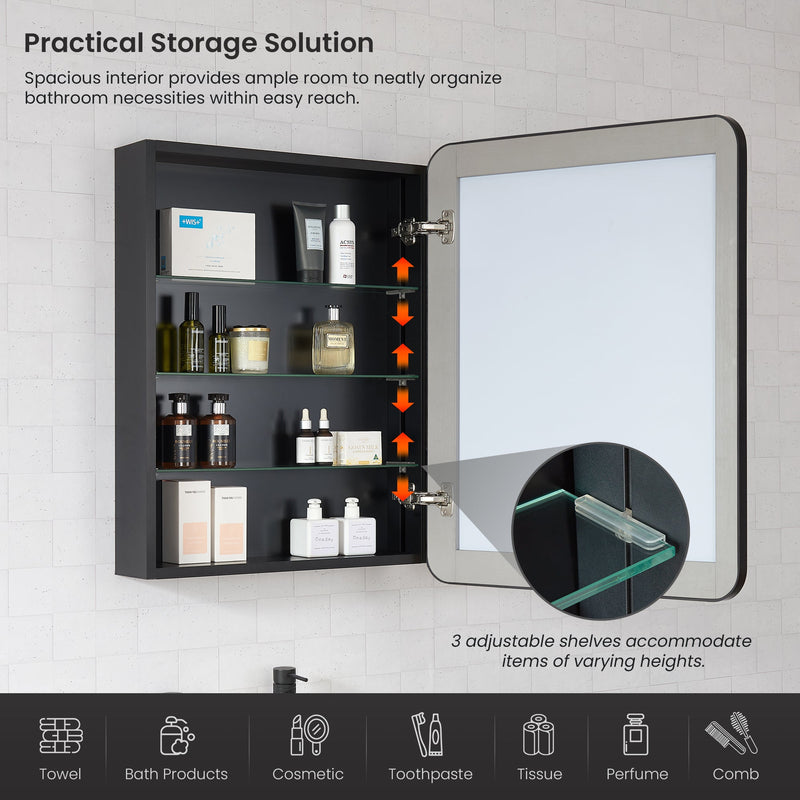 Vinnova 804224-MCB-BB Talayuela 24"W x 32"H Rectangular Aluminum Framed Medicine Cabinet in Brushed Black