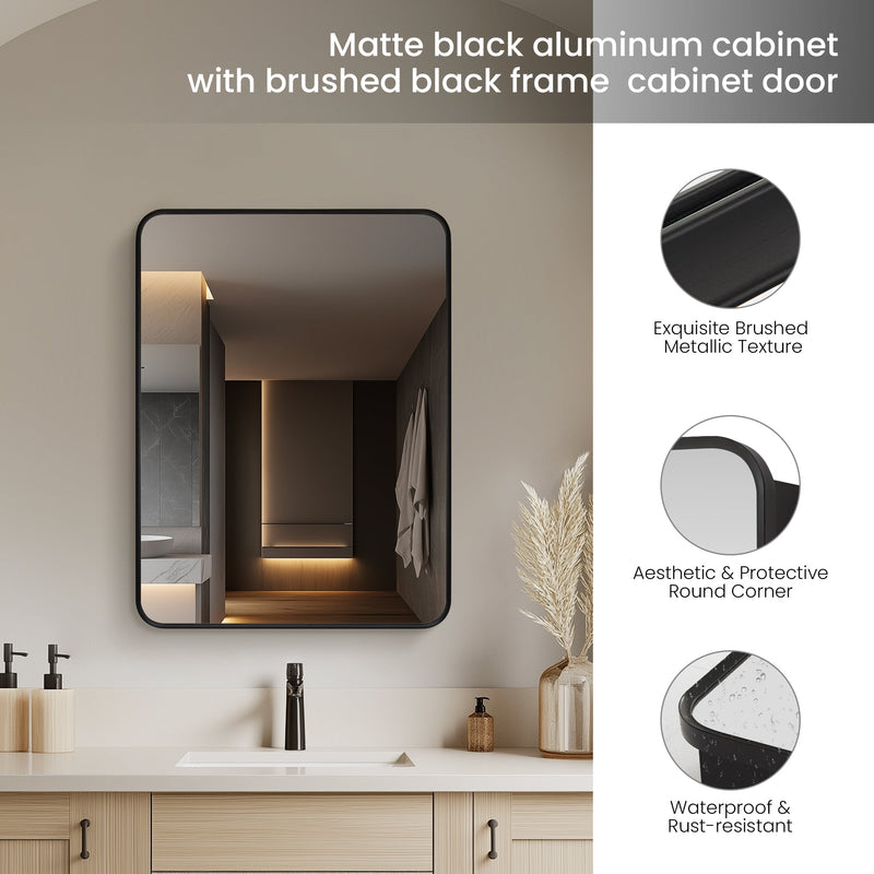 Vinnova 804224-MCB-BB Talayuela 24"W x 32"H Rectangular Aluminum Framed Medicine Cabinet in Brushed Black
