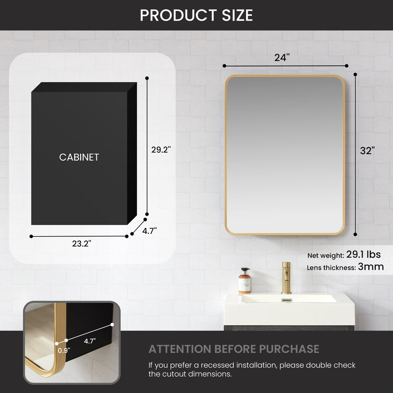 Vinnova 804224-MCB-BG Talayuela 24"W x 32"H Rectangular Aluminum Framed Medicine Cabinet in Brushed Gold
