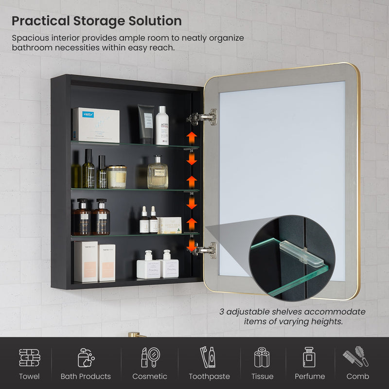 Vinnova 804224-MCB-BG Talayuela 24"W x 32"H Rectangular Aluminum Framed Medicine Cabinet in Brushed Gold