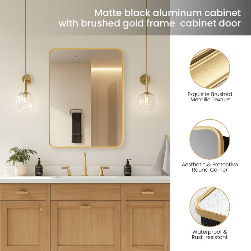 Vinnova 804224-MCB-BG Talayuela 24"W x 32"H Rectangular Aluminum Framed Medicine Cabinet in Brushed Gold