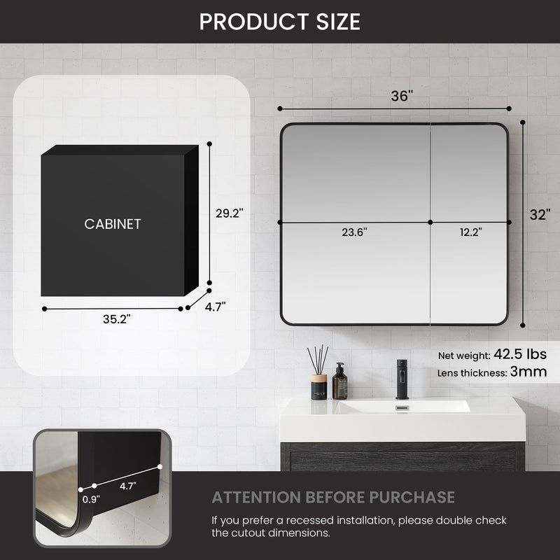 Vinnova 804236-MCB-BB Talayuela 36"W x 32"H Rectangular Aluminum Framed Medicine Cabinet in Brushed Black
