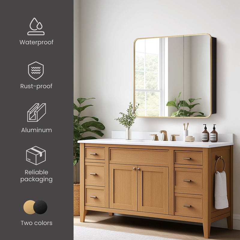Vinnova 804236-MCB-BG Talayuela 36"W x 32"H Rectangular Aluminum Framed Medicine Cabinet in Brushed Gold