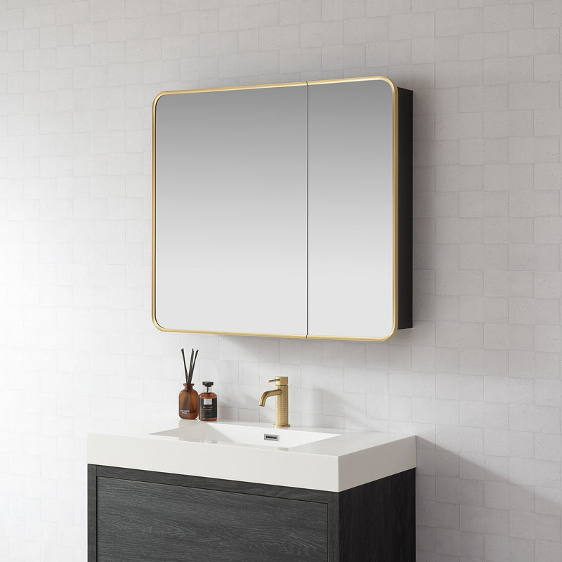 Vinnova 804236-MCB-BG Talayuela 36"W x 32"H Rectangular Aluminum Framed Medicine Cabinet in Brushed Gold