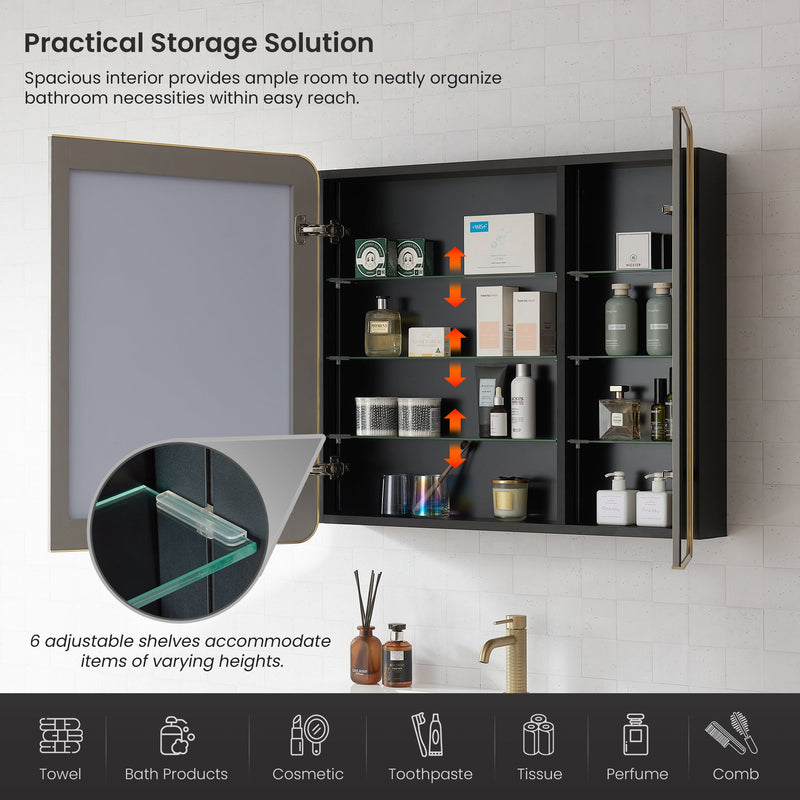 Vinnova 804236-MCB-BG Talayuela 36"W x 32"H Rectangular Aluminum Framed Medicine Cabinet in Brushed Gold