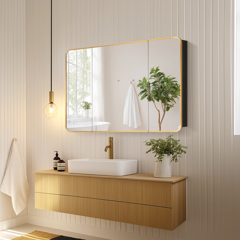 Vinnova 804248-MCB-BG Talayuela 48"W x 32"H Rectangular Aluminum Framed Medicine Cabinet in Brushed Gold