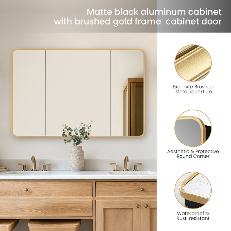 Vinnova 804248-MCB-BG Talayuela 48"W x 32"H Rectangular Aluminum Framed Medicine Cabinet in Brushed Gold