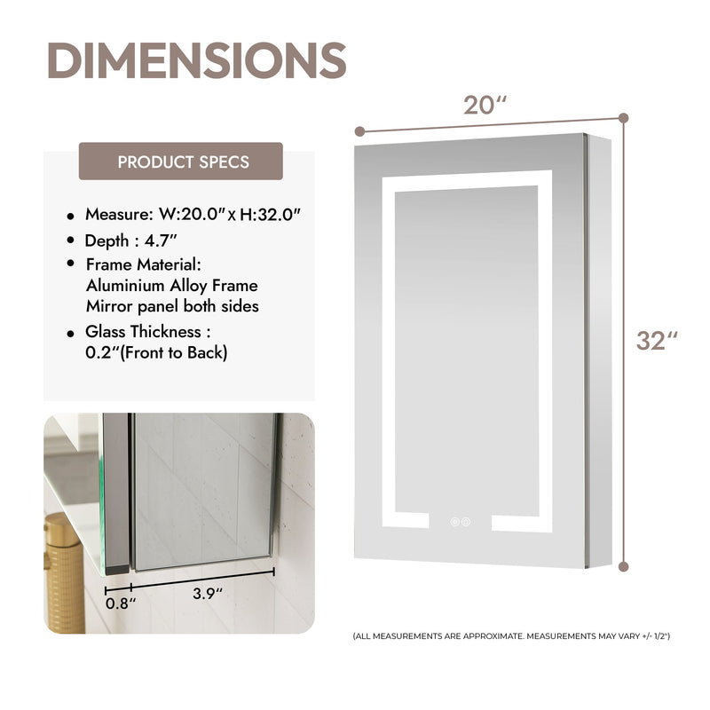 Vinnova 804320R-LED-MC Santona 20" W x 32" H Rectangular Medicine Cabinet with Aluminum Frameless LED Mirror