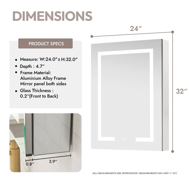 Vinnova 804324R-LED-MC Santona 24" W x 32" H Rectangular Medicine Cabinet with Aluminum Frameless LED Mirror