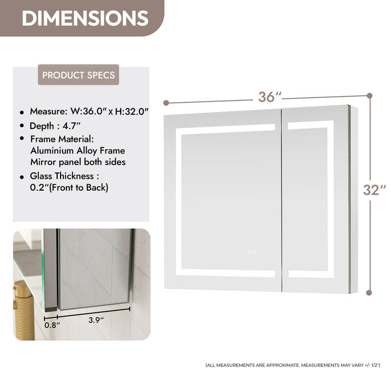 Vinnova 804336R-LED-MC Santona 36" W x 32" H Rectangular Medicine Cabinet with Aluminum Frameless LED Mirror