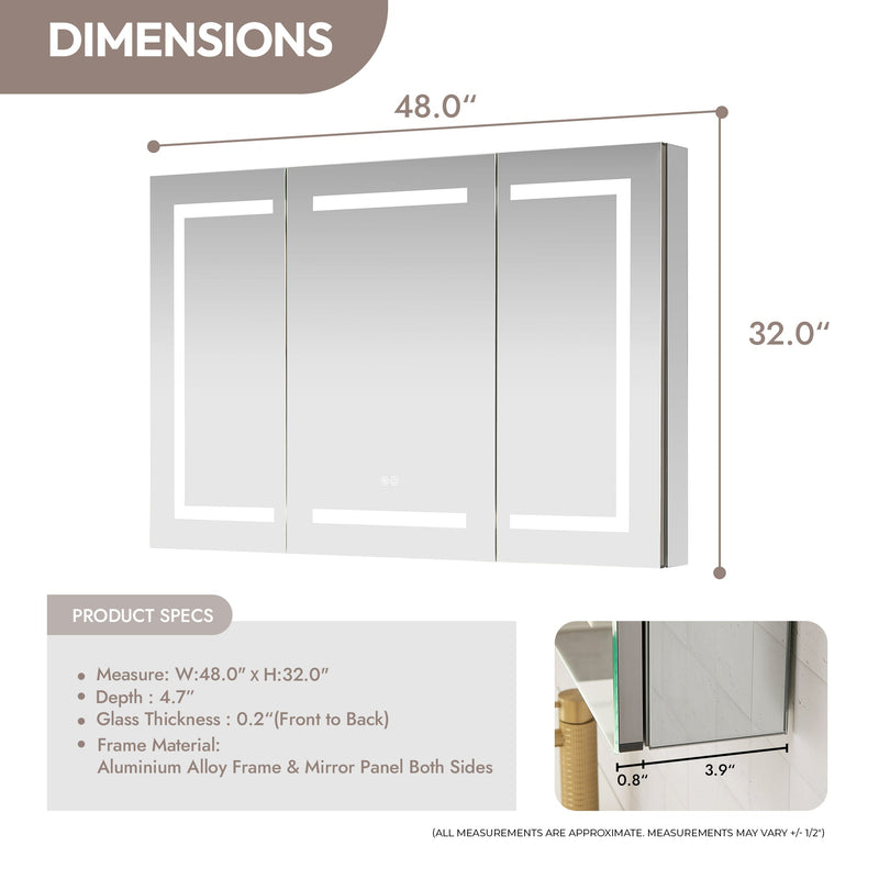 Vinnova 804348R-LED-MC Santona 48" W x 32" H Rectangular Medicine Cabinet with Aluminum Frameless LED Mirror