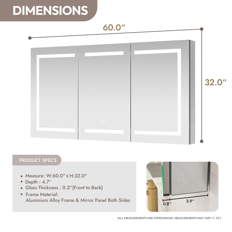 Vinnova 804360R-LED-MC Santona 60" W x 32" H Rectangular Medicine Cabinet with Aluminum Frameless LED Mirror