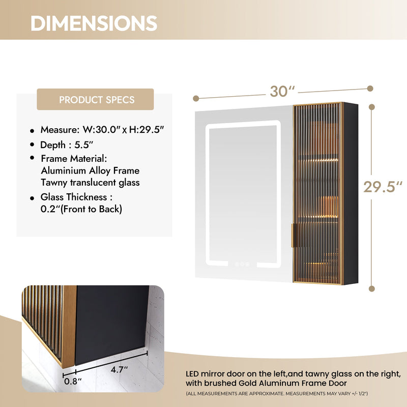 Vinnova 804530-MCB-LED Cervia 30" W x 29.5" H Rectangular Medicine Cabinet with Aluminum Frameless LED Mirror