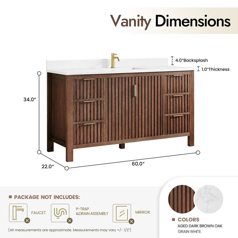 Vinnova 704260-AD-GW Shenzhen 60" Single Sink Bath Vanity in Aged Dark Brown Oak