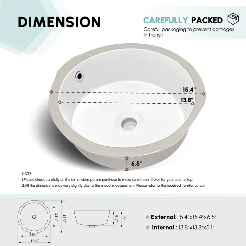 Vinnova 9122-BAS-WH Vinnova Marseille Ceramic Circular Undermount Bathroom Sink with Overflow in White