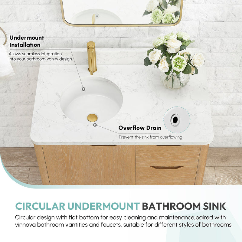 Vinnova 9122-BAS-WH Vinnova Marseille Ceramic Circular Undermount Bathroom Sink with Overflow in White