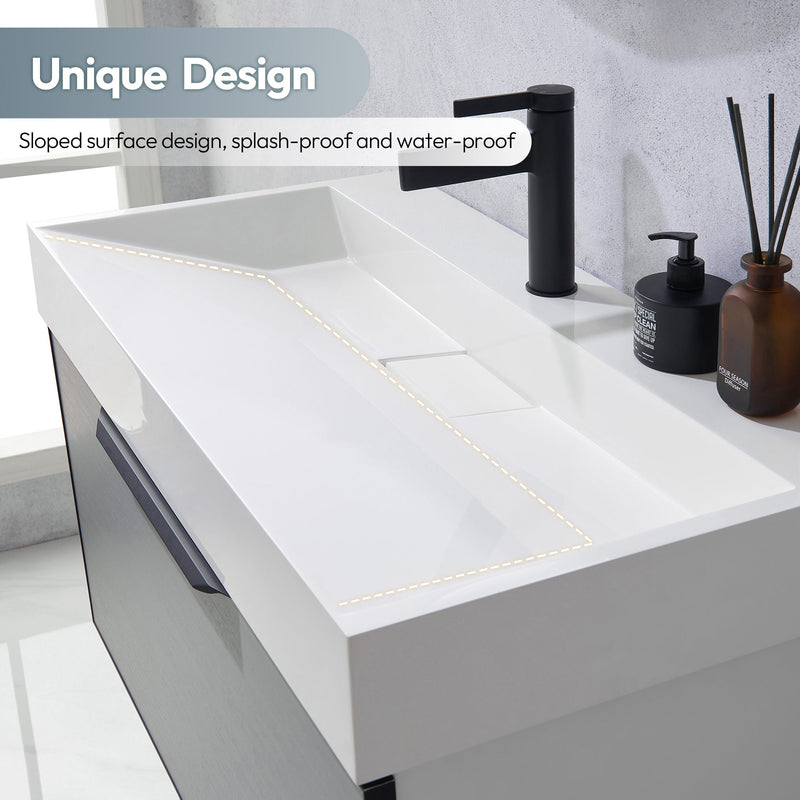 Vinnova 9221-BAS-WH Vera 35.4" Rectangular White Composite Granite Stone Console Bathroom Vanity Sink