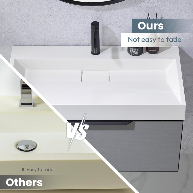 Vinnova 9221-BAS-WH Vera 35.4" Rectangular White Composite Granite Stone Console Bathroom Vanity Sink