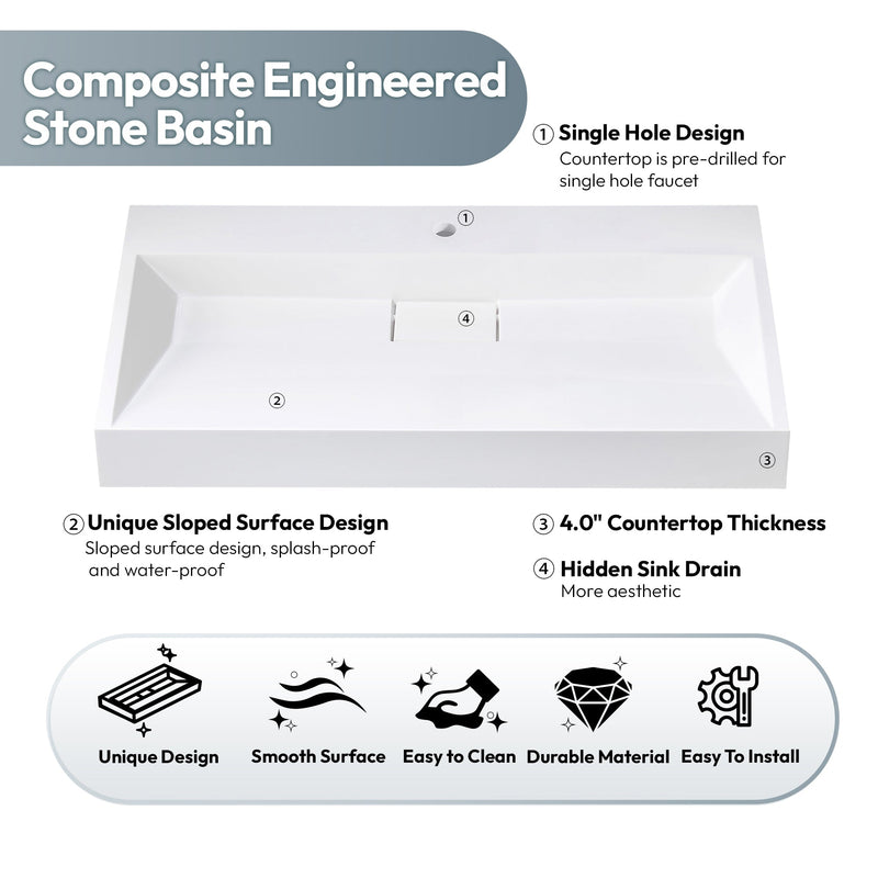 Vinnova 9221-BAS-WH Vera 35.4" Rectangular White Composite Granite Stone Console Bathroom Vanity Sink
