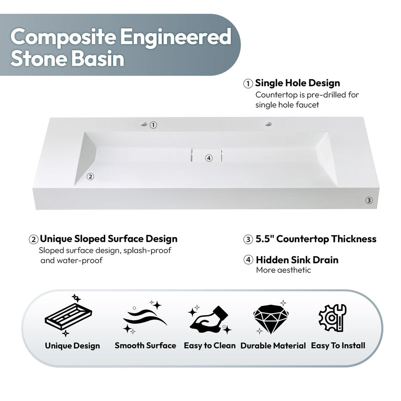 Vinnova 9246-BAS-WH Vinnova Vera 60" Rectangular White Composite Granite Stone Console Bathroom Vanity Sink