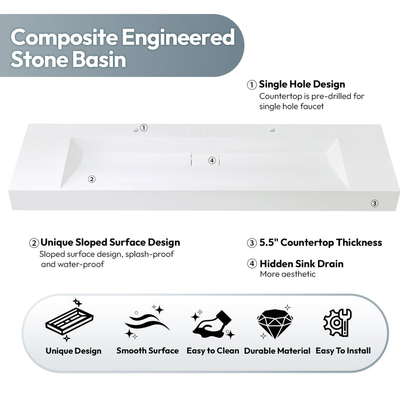 Vinnova 9247-BAS-WH Vinnova Vera 72" Rectangular White Composite Granite Stone Console Bathroom Vanity Sink