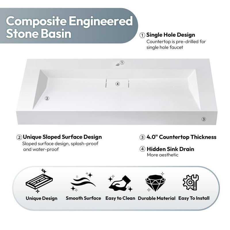 Vinnova 9256-BAS-WH Vinnova Vera 47.4" Rectangular White Composite Granite Stone Console Bathroom Vanity Sink