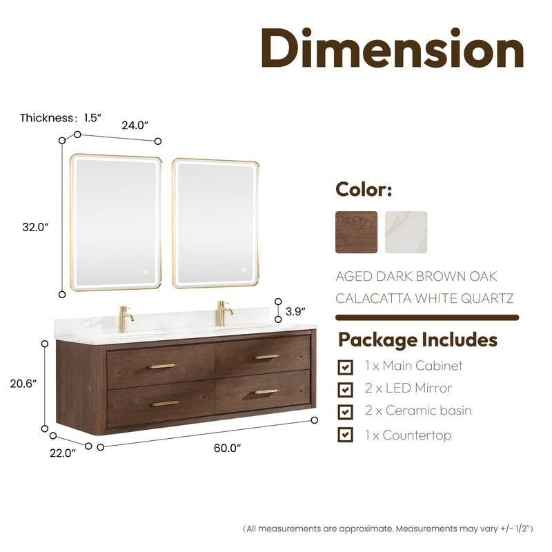 Vinnova 706660M-AD-BK Cristo 60M" Floating Double Bath Vanity in Aged Dark Brown Oak with Fish Maw White Quartz Stone Top - view 13