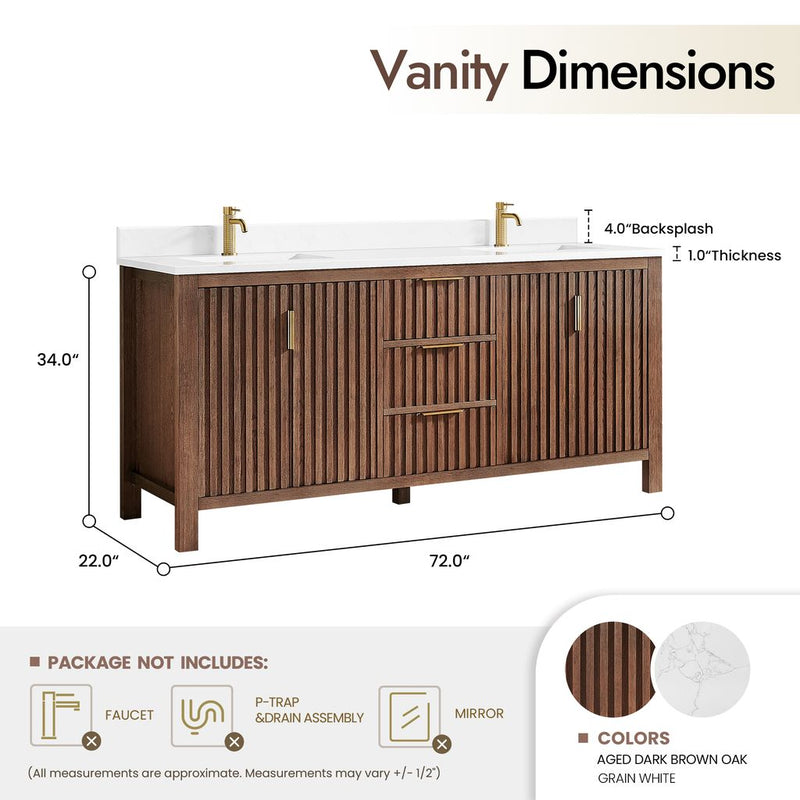 Vinnova 704272-AD-GW Shenzhen 72" Double Sink Bath Vanity in Aged Dark Brown Oak