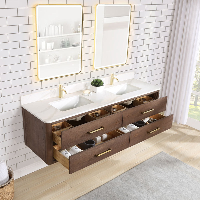 Vinnova 706672-AD-BK Cristo 72" Floating Double Bath Vanity in Aged Dark Brown Oak with Fish Maw White Quartz Stone Top