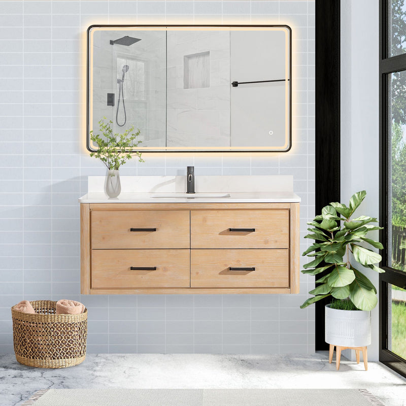 Vinnova 706648-FN-BK Cristo 48" Floating Single Bath Vanity in Fir Wood Brown with Fish Maw White Quartz Stone Top