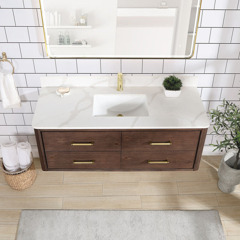 Vinnova 706655-AD-BK Cristo 55" Floating Single Bath Vanity in Aged Dark Brown Oak with Fish Maw White Quartz Stone Top