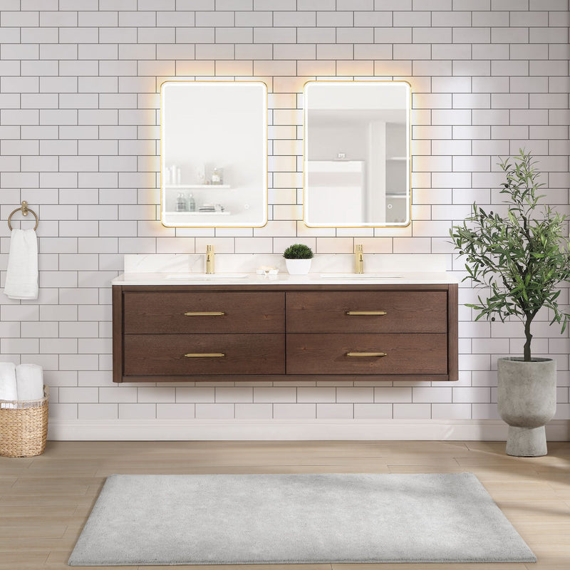 Vinnova 706672-AD-BK Cristo 72" Floating Double Bath Vanity in Aged Dark Brown Oak with Fish Maw White Quartz Stone Top