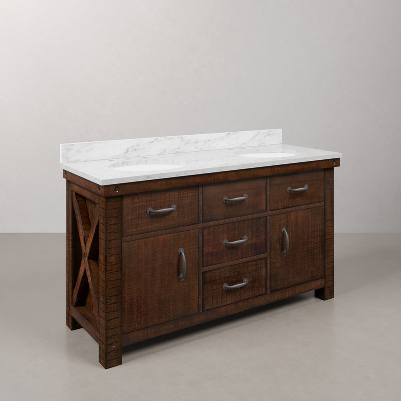 AB60CW03RS - Aberdeen 60 In. Double Sink Pre-Assembled Farmhouse Style Bathroom Vanity With 1" Carrara White Marble Top