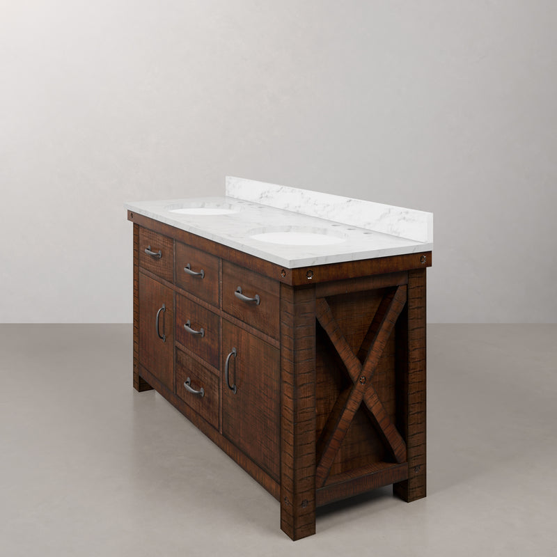 AB60CW03RS - Aberdeen 60 In. Double Sink Pre-Assembled Farmhouse Style Bathroom Vanity With 1" Carrara White Marble Top