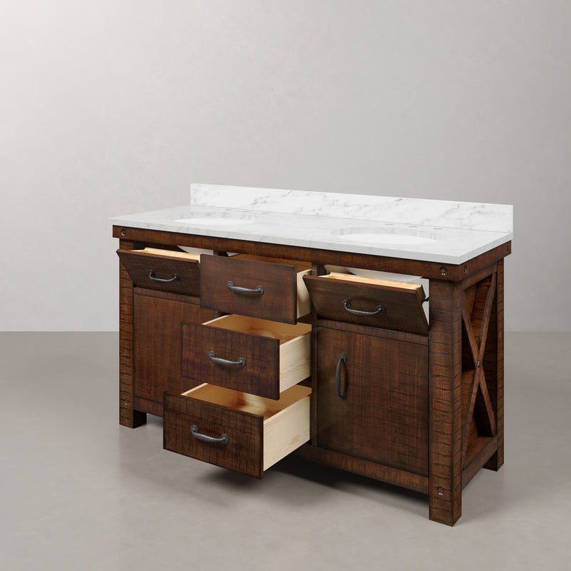 AB60CW03RS - Aberdeen 60 In. Double Sink Pre-Assembled Farmhouse Style Bathroom Vanity With 1" Carrara White Marble Top