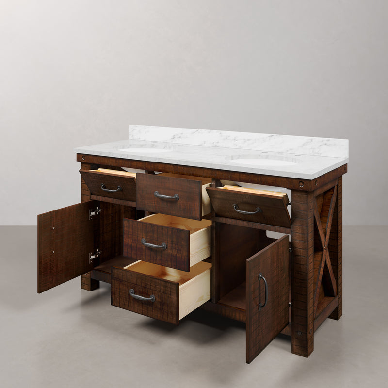 AB60CW03RS - Aberdeen 60 In. Double Sink Pre-Assembled Farmhouse Style Bathroom Vanity With 1" Carrara White Marble Top