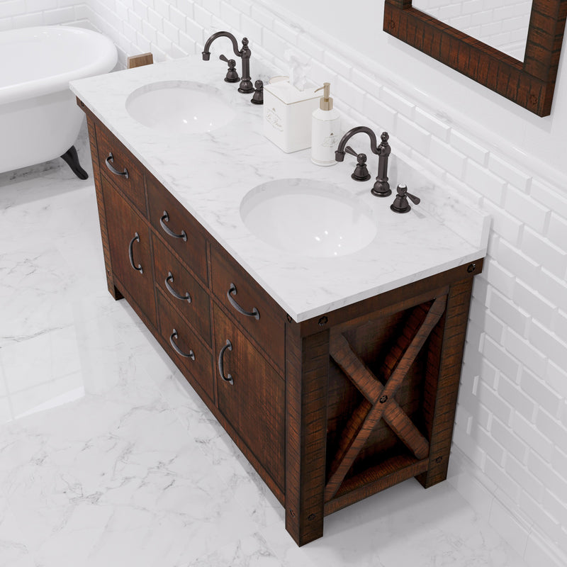 AB60CW03RS - Aberdeen 60 In. Double Sink Pre-Assembled Farmhouse Style Bathroom Vanity With 1" Carrara White Marble Top