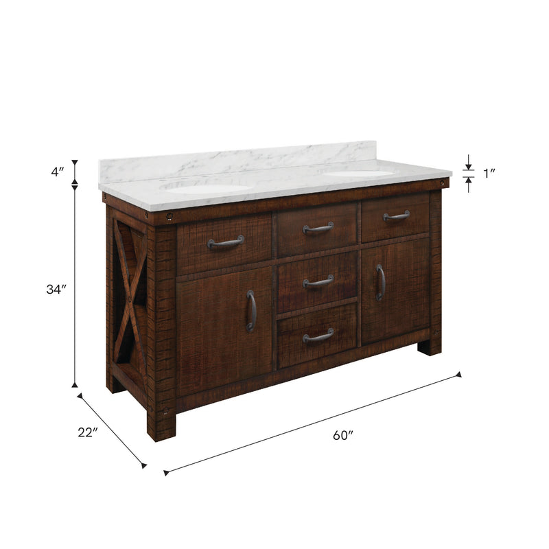 AB60CW03RS - Aberdeen 60 In. Double Sink Pre-Assembled Farmhouse Style Bathroom Vanity With 1" Carrara White Marble Top