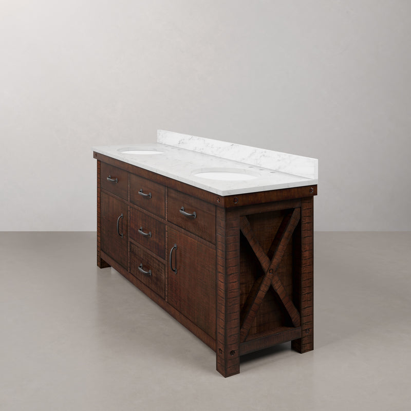 AB72CW03RS - Aberdeen 72 In. Double Sink Pre-Assembled Farmhouse Style Bathroom Vanity With 1" Carrara White Marble Top