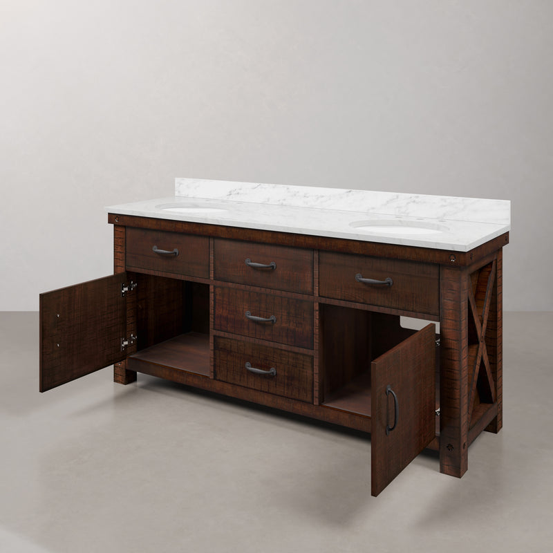 AB72CW03RS - Aberdeen 72 In. Double Sink Pre-Assembled Farmhouse Style Bathroom Vanity With 1" Carrara White Marble Top