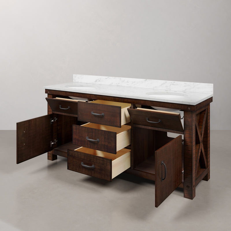 AB72CW03RS - Aberdeen 72 In. Double Sink Pre-Assembled Farmhouse Style Bathroom Vanity With 1" Carrara White Marble Top
