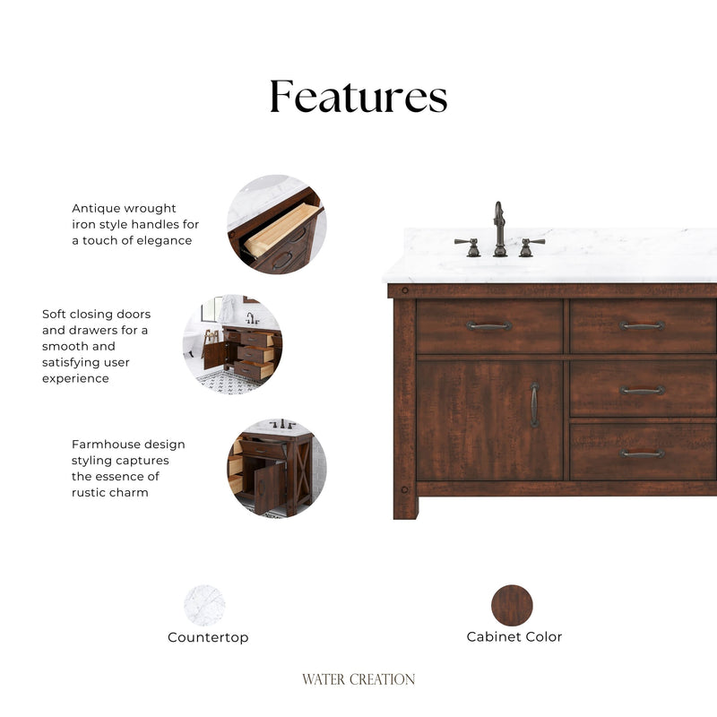 AB72CW03RS - Aberdeen 72 In. Double Sink Pre-Assembled Farmhouse Style Bathroom Vanity With 1" Carrara White Marble Top