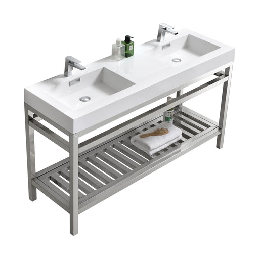Kube Bath AC60D Cisco 60" Chrome Free Standing Stainless Steel Console Double Sink Bathroom Vanity with Reinforced Acrylic Composite Top