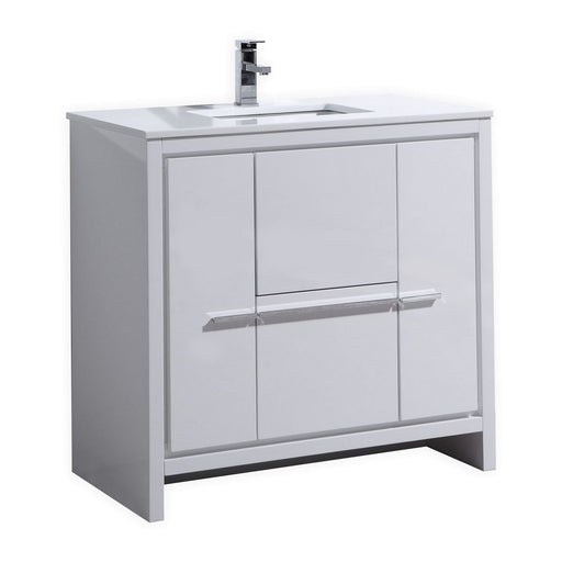 Kube Bath AD636GW Dolce 36" High Gloss White Free Standing Single Sink Bathroom Vanity with Quartz Top