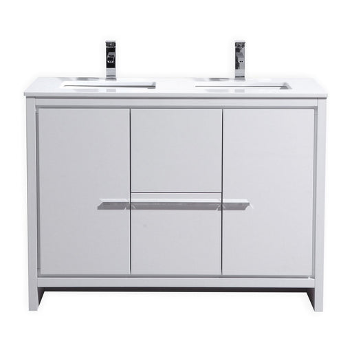 Kube Bath AD648DGW Dolce 48" High Gloss White Free Standing Double Sink Bathroom Vanity with Quartz Top