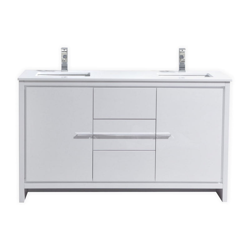 Kube Bath AD660DGW Dolce 60" High Gloss White Free Standing Double Sink Bathroom Vanity with Quartz Top