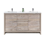 Kube Bath AD660DNW Dolce 60" Nature Wood Free Standing Double Sink Bathroom Vanity with Quartz Top