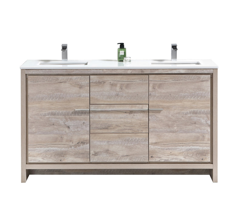 Kube Bath AD660DNW Dolce 60" Nature Wood Free Standing Double Sink Bathroom Vanity with Quartz Top